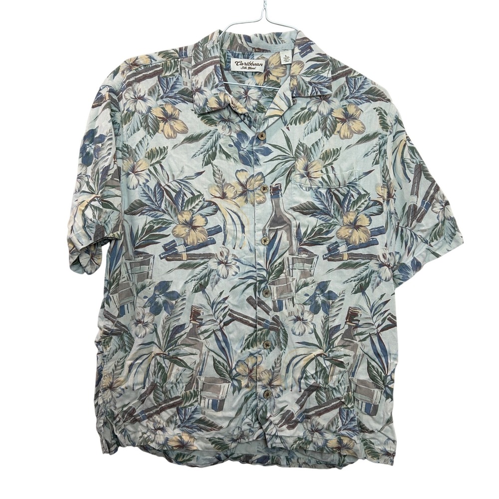 Caribbean Silk Blend Button Down Shirt Mens Large Green Tropical Floral Hawaiian